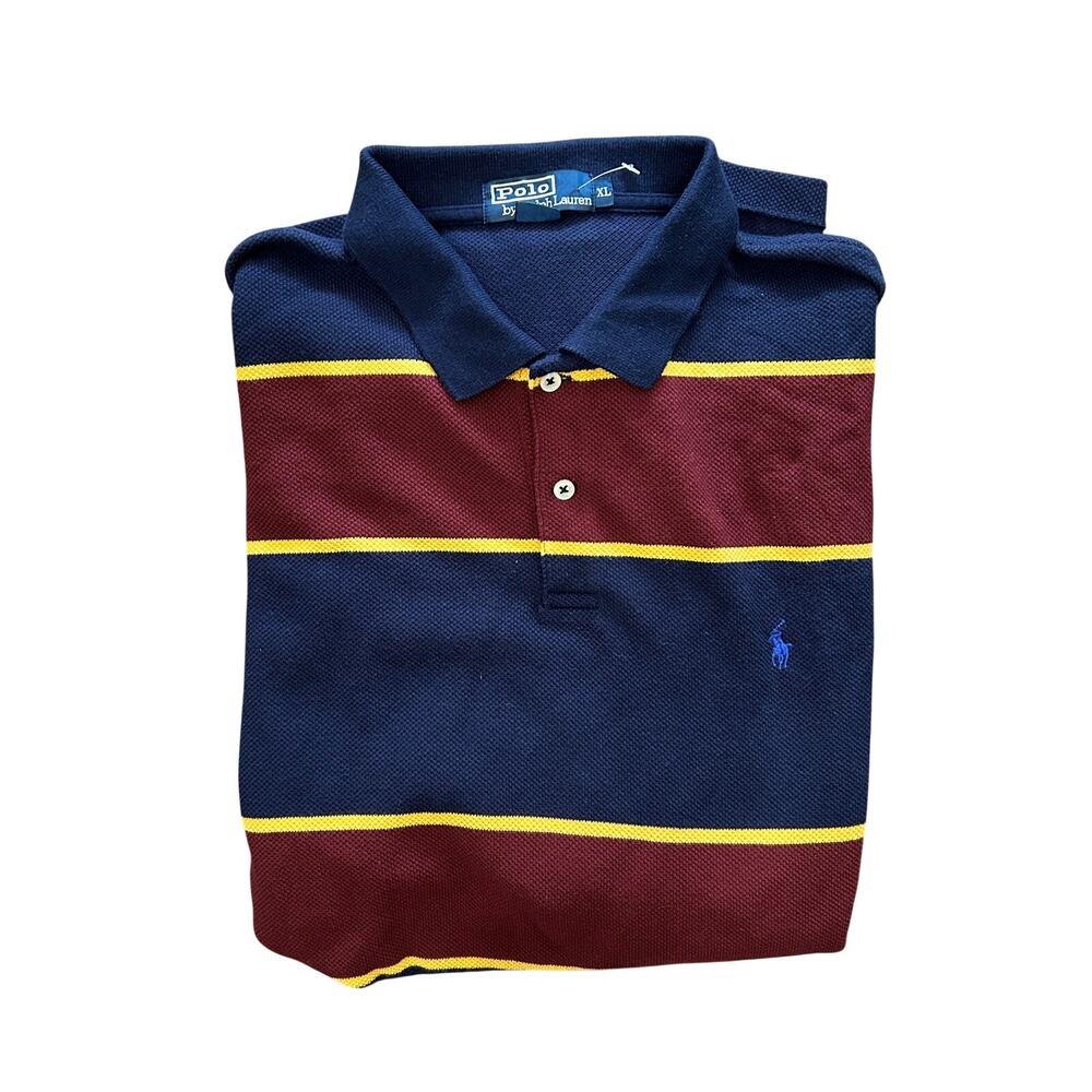 Polo Ralph Lauren Long Sleeve Striped Rugby Shirt - XL - Navy Burgundy Yellow